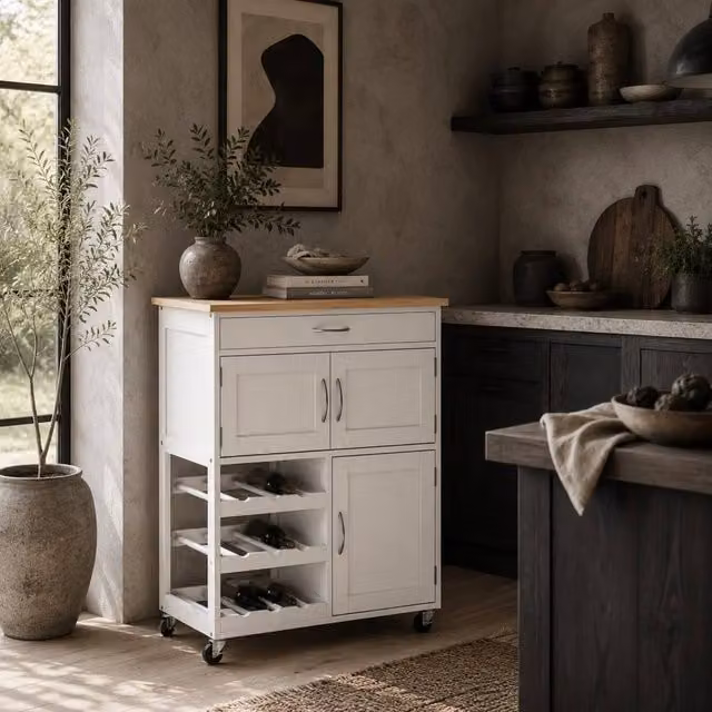 Wyld Haus Hala White Rolling Kitchen Island with Wine Rack, 1 Drawer and 3 Doors, W/D/H: 87 x 37 x 67 cm – 1
