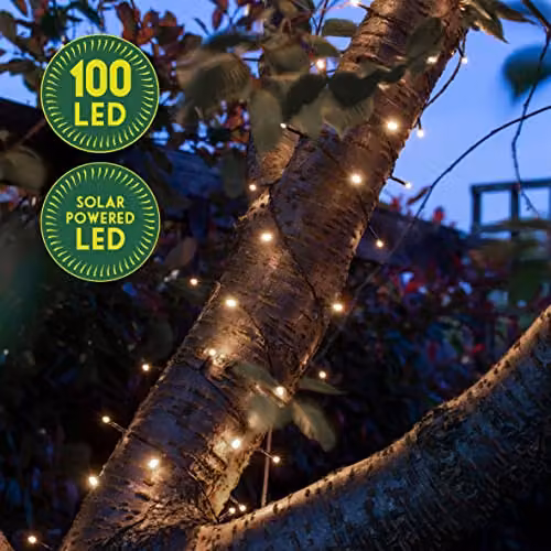 GardenKraft Solar Powered LED String Lights, 2 Pack of 100, Bright White, IP44 Weatherproof with Dusk Sensor – 4