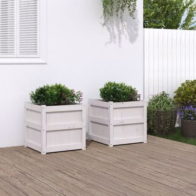 Berkfield Home Garden White Solid Wood Pine Planter Tub, 2 Pack – 1