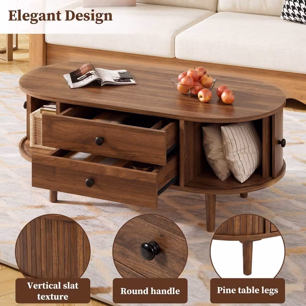 Merax Brown Oval Coffee Table with Slatted Sliding Doors and Drawers – 5