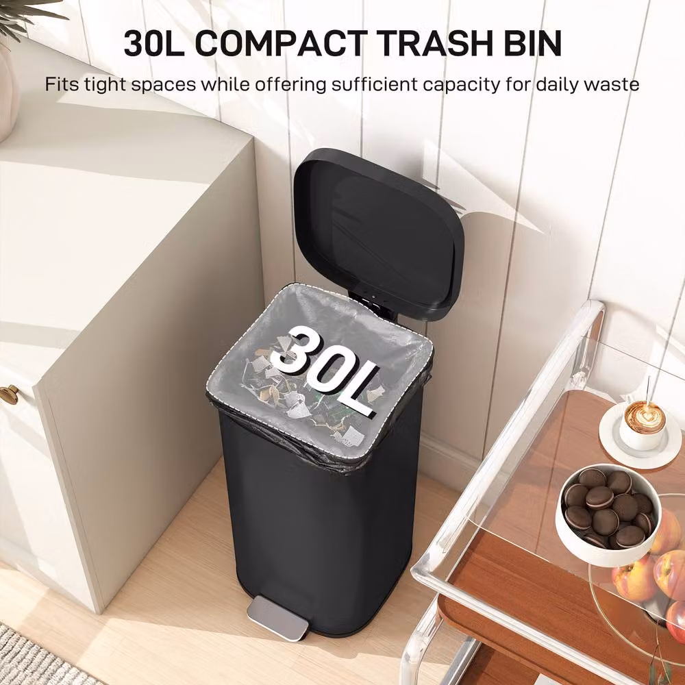 HOMCOM 30L Black Pedal Kitchen Bin with Soft-Close Lid and Removable Inner Bucket – 4