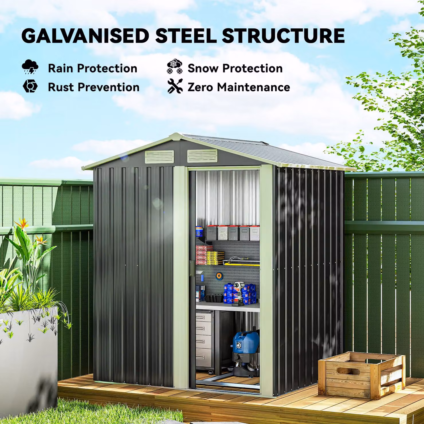 OUTSUNNY Grey Galvanised Steel Outdoor Metal Storage Shed with Sliding Door and Sloped Roof – 3