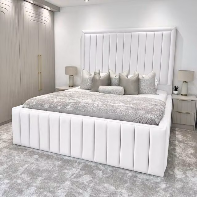 Living Comfort Bedz Hampton Upholstered Slatted Base Bed with 54-Inch Panel Headboard in White, W/D/H: 90 x 190 cm