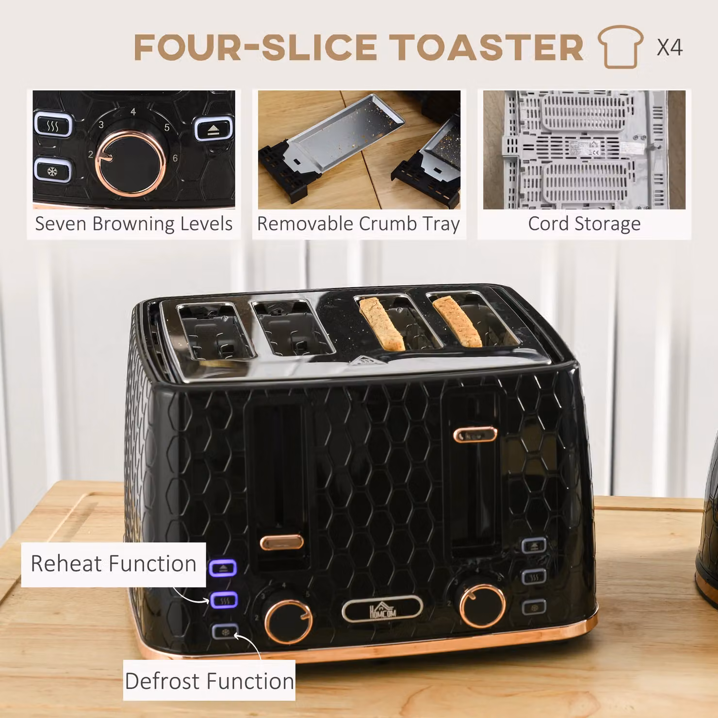 HOMCOM Black Kettle and Toaster Set with 1.7L Capacity, Defrost, Reheat and Crumb Tray – 3