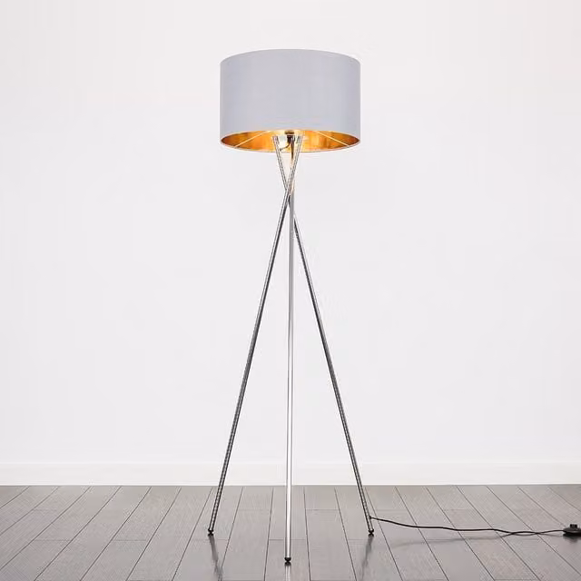 ValueLights Camden Chrome Tripod Floor Lamp with Metallic Inner Shade and Bulb in Gold and Chrome
