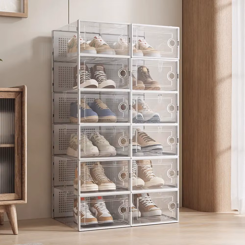 Living and Home 12-Piece Stackable Plastic Shoe Storage Box Organiser in White and Transparent – 5