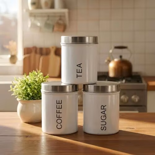 Harbour Housewares 3-Piece Metal Tea Coffee Sugar Canister Set in White with Airtight Lids – 2