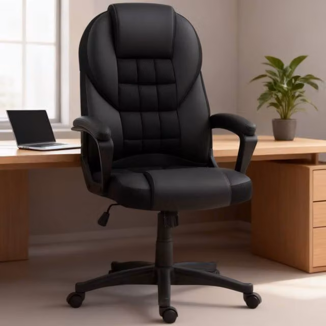 ERGOVEXA Black Faux Leather Executive Swivel Office Chair with Armrests and Castors
