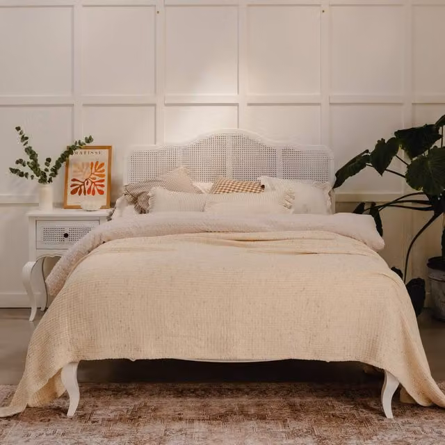 Statement Furniture Louis Solid Oak King Size Bed Frame with Rattan Cane Headboard in White, W/D/H: 152.4 x 200 x 124 cm