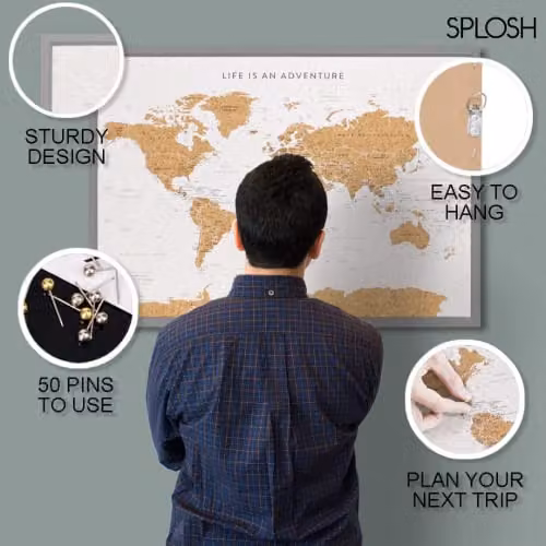 Splosh Large World Map Pin Board with Wooden Frame and 100 Pins in Grey – 2