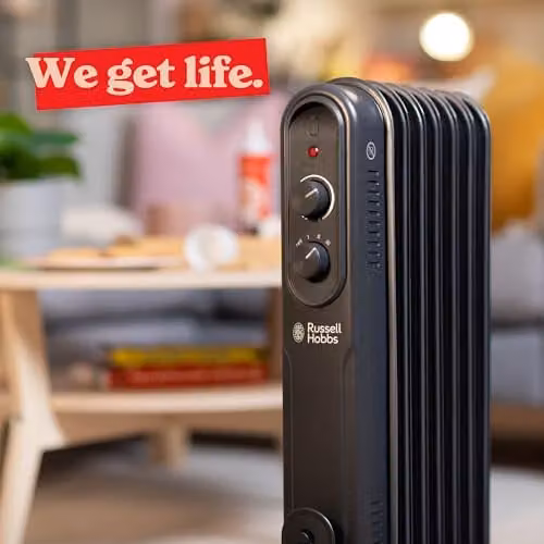 Russell Hobbs 1500W Black Oil Filled Radiator with Thermostat, Overheat and Tilt Protection – 5