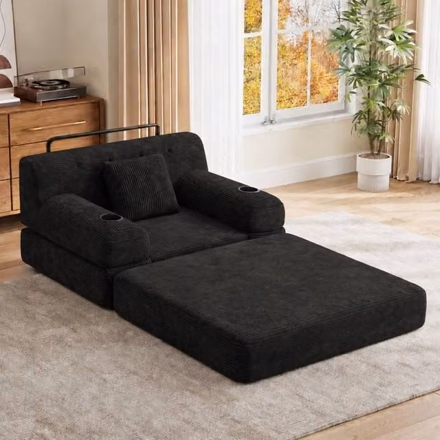 Rolipo Black Corduroy 1-Seater Sleeper Sofa Chair with Cup Holders and Armrests – 1