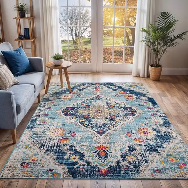 Livabliss Floransa Vintage Round Boho Living and Dining Room Rug in Blue, Beige, Grey and Pink, Diameter: 160 cm – 1