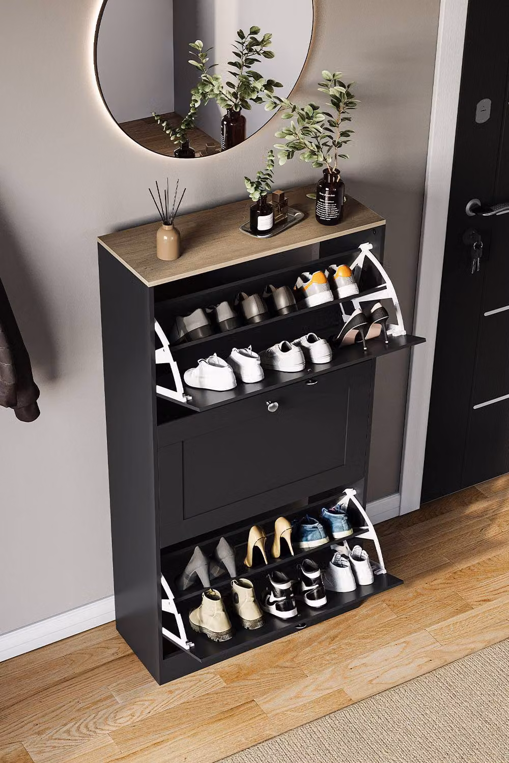 Vida Designs Modern 3 Drawer Black Shoe Cabinet with Tilting Compartments and LED Lighting – 6