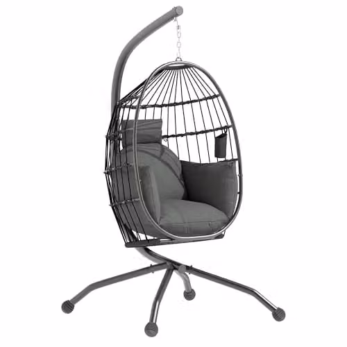 Outsunny Hanging Egg Chair with Folding Basket and Thickened Cushion in Dark Grey – 1