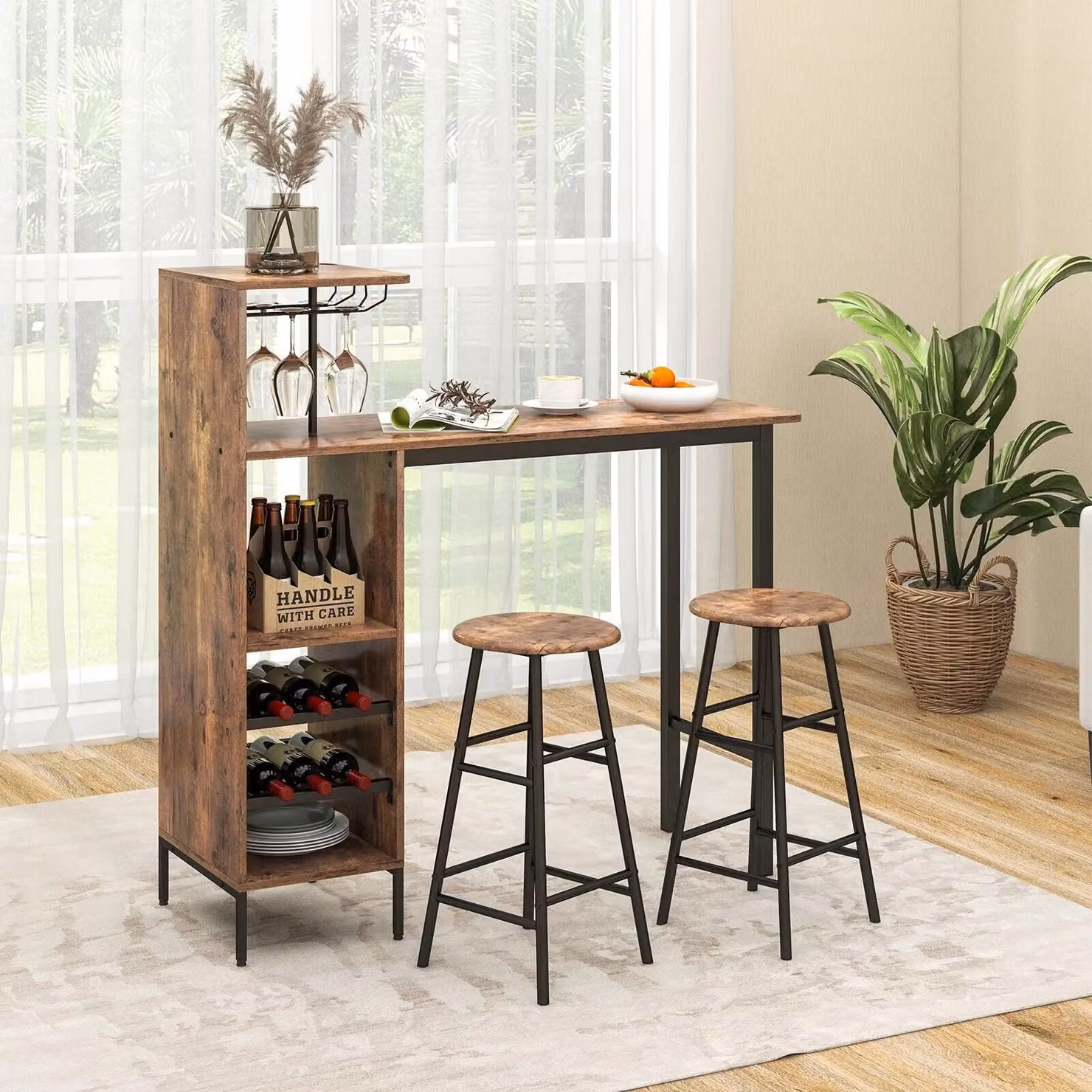 Costway 3-Piece Industrial Bar Table and Chair Set with Glass Holders and Wine Racks in Brown – 3