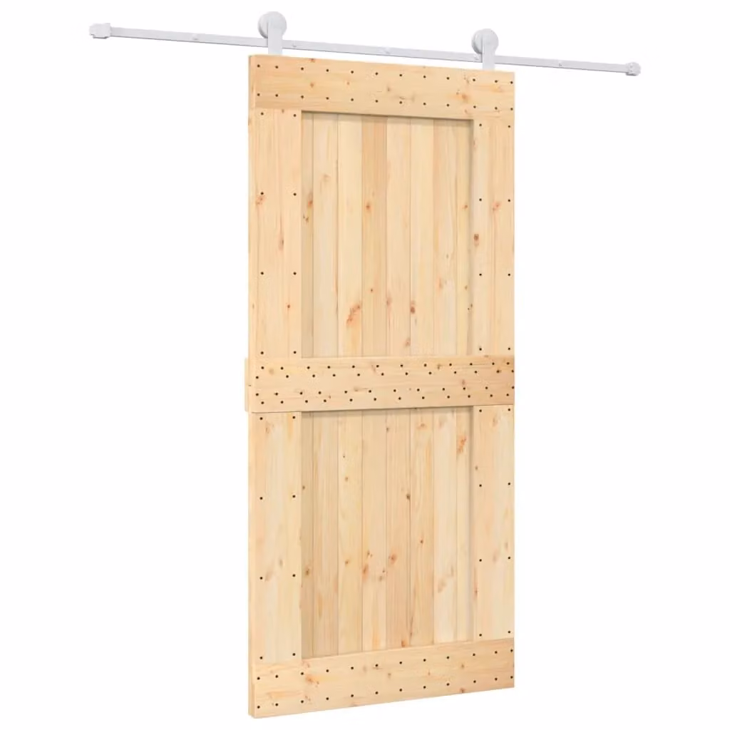 Berkfield Home Rustic Solid Wood Pine Sliding Door with Hardware Set in Brown, W: 95 cm, H: 210 cm