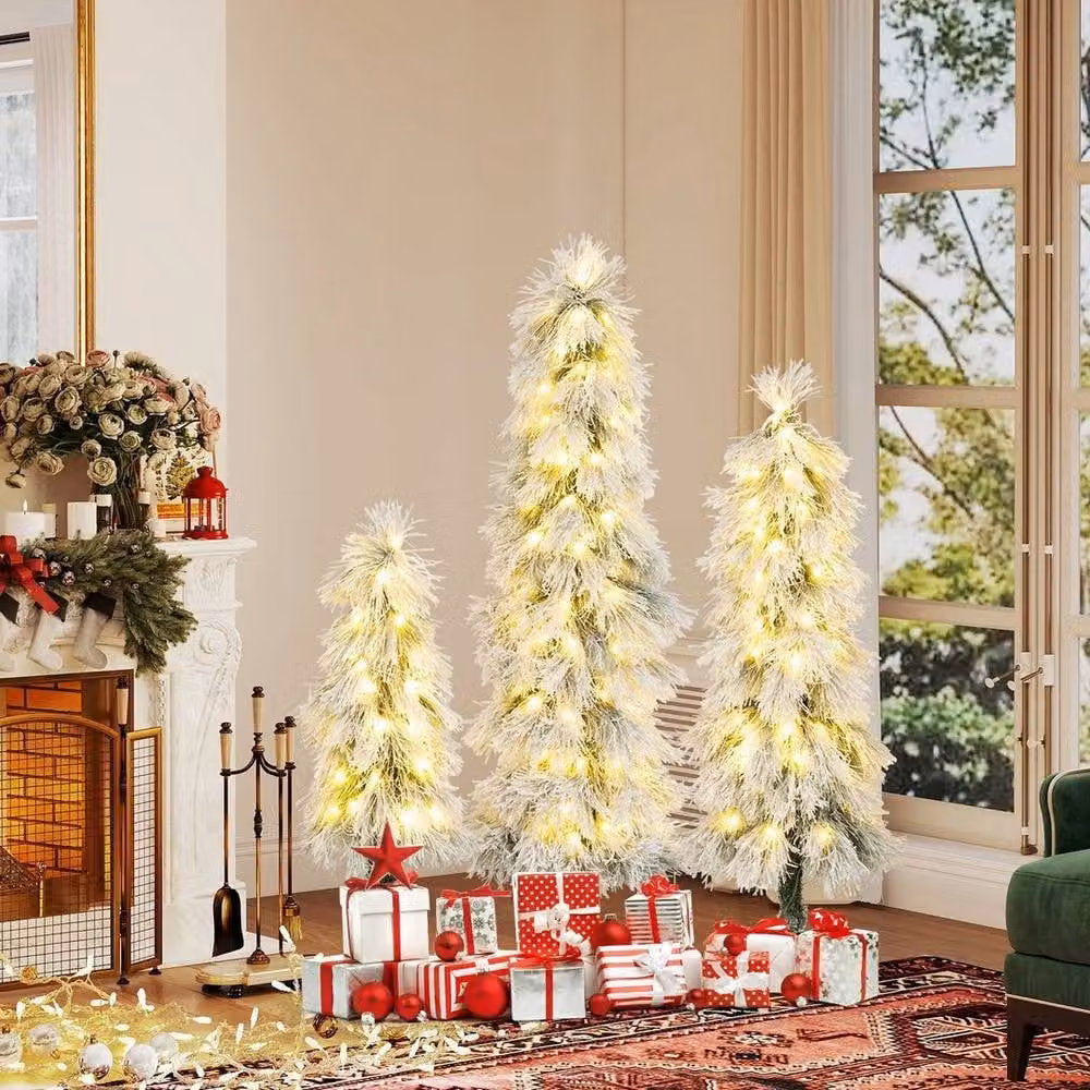 EONLION Snow Flocked Artificial Christmas Tree Set in White and Multicolour, Height: 152.4 cm – 4