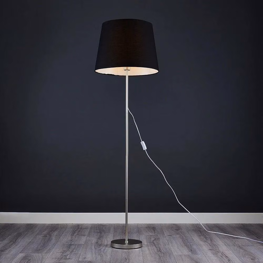 ValueLights Modern Brushed Chrome Floor Lamp with Black Fabric Tapered Shade – 3
