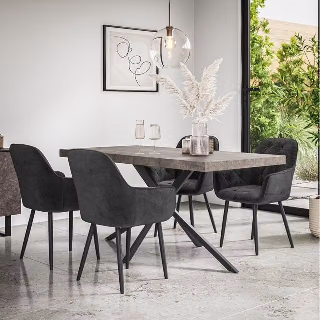 More4Homes Donni Dining Table and 6 Anika Velvet Chairs in Black with Concrete Effect Finish