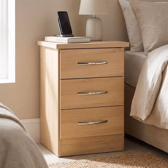 Seconique Nevada 3 Drawer Bedside Table in Sonoma Oak