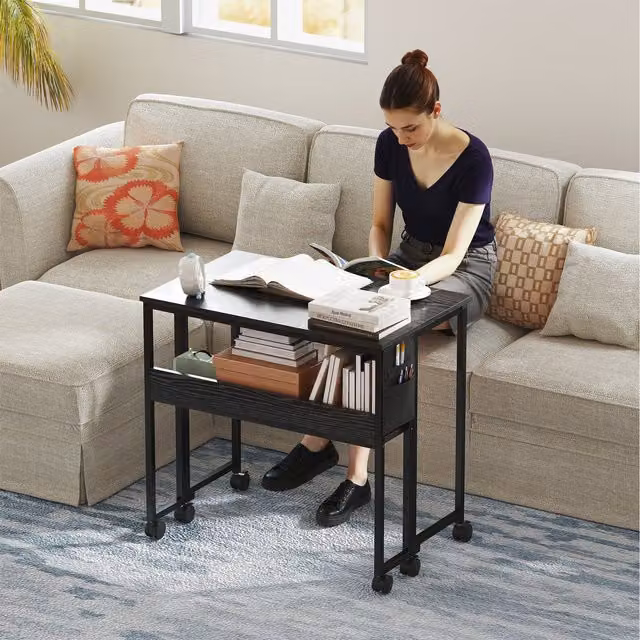 HOMCOM Black Folding Computer Desk with Open Shelf, Storage Bag and Castors