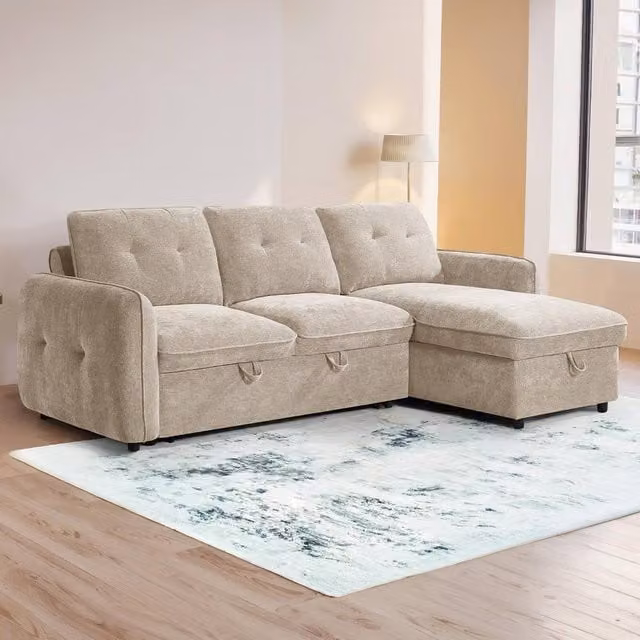 Furnishings For Less UK Seattle L Shaped 4 Seater Fabric Corner Sofa Bed in Beige, W: 236 cm x D: 89 cm x H: 97 cm – 1