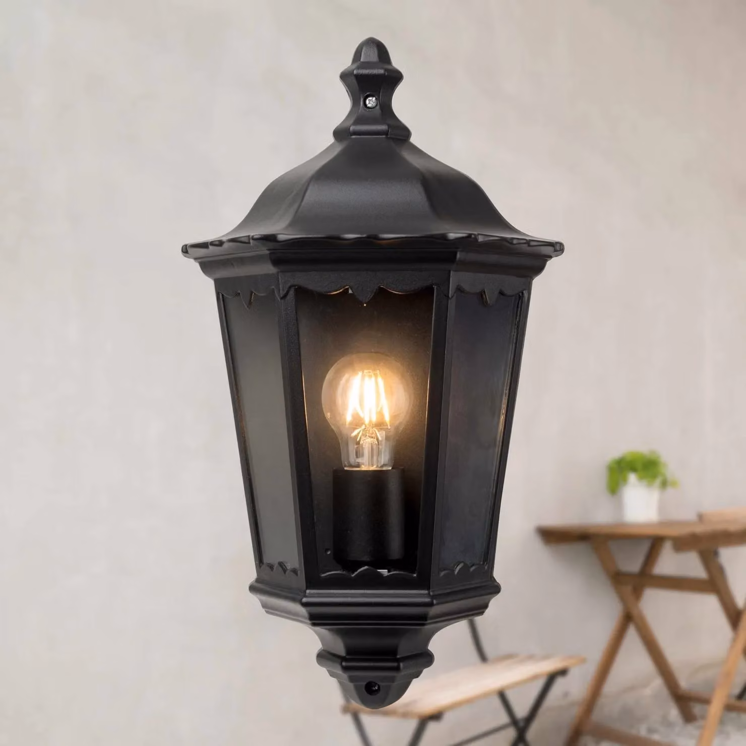 First Choice Lighting Sienna Black and Transparent Glass IP44 Outdoor Half Lantern Wall Light – 2