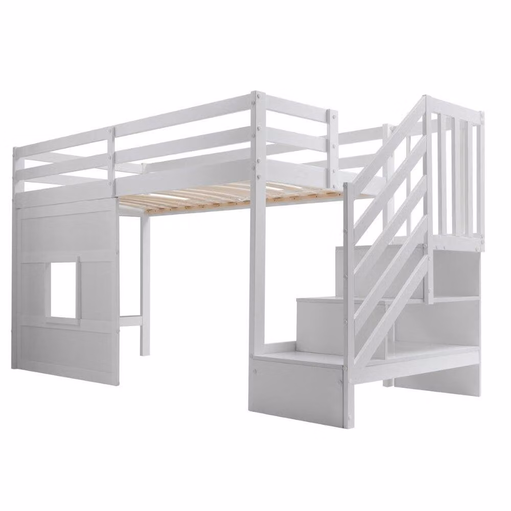 Nöa and Nani Kasja Single Staircase Midsleeper Cabin Bed with Window in White Solid Pine Wood – 2