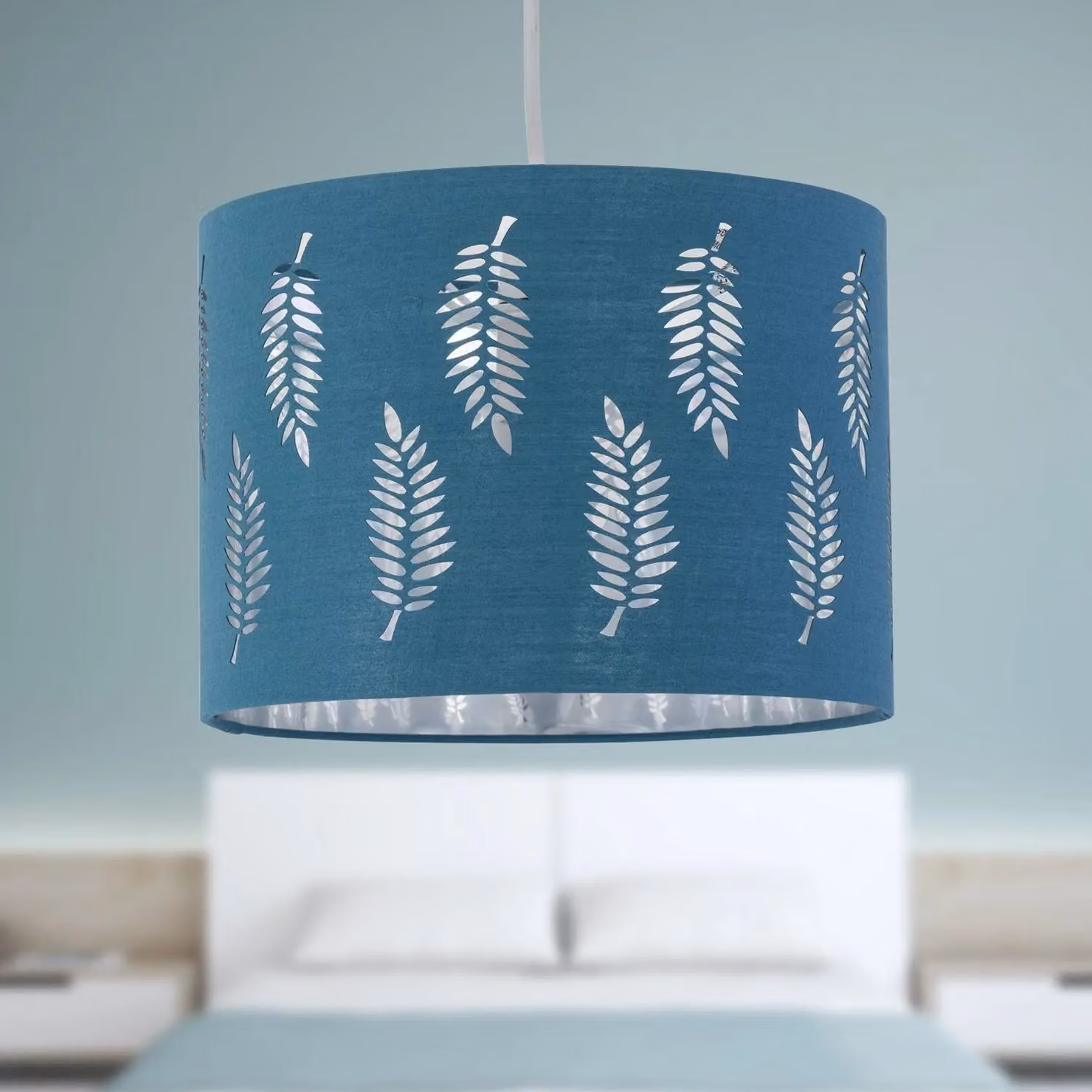 First Choice Lighting Fern Teal Cut Out Round Fabric Pendant Lightshade, Diameter: 25 cm – 4