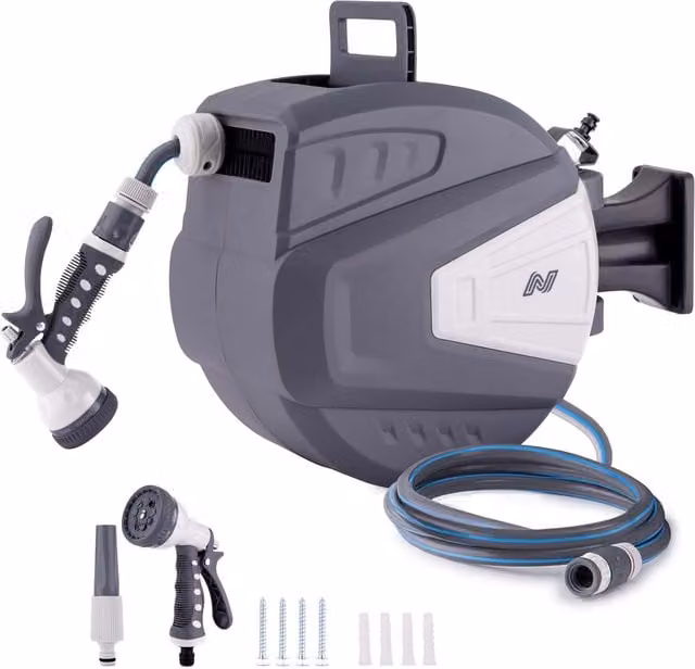 Netta Wall Mounted Manual Garden Hose Reel, Grey, Width: 49.0 cm