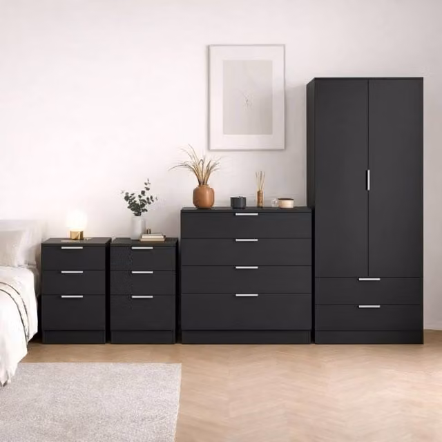 HD Designs Trega 4 Piece Black Bedroom Set Including 3 Drawer Bed, 2 Bedside Tables, 4 Drawer Chest and Wardrobe