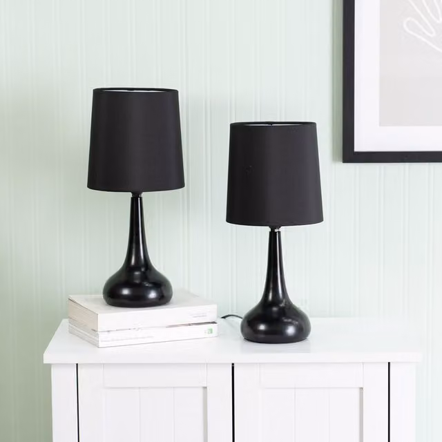 ValueLights Teardrop Pair of Black Metal Touch Table Lamps with Fabric Shades