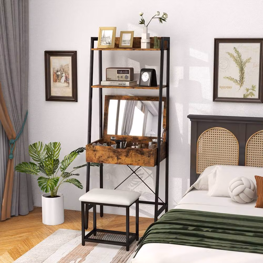 CASART Ladder Dressing Table Set with Stool and Flip-up Mirror in Brown – 4
