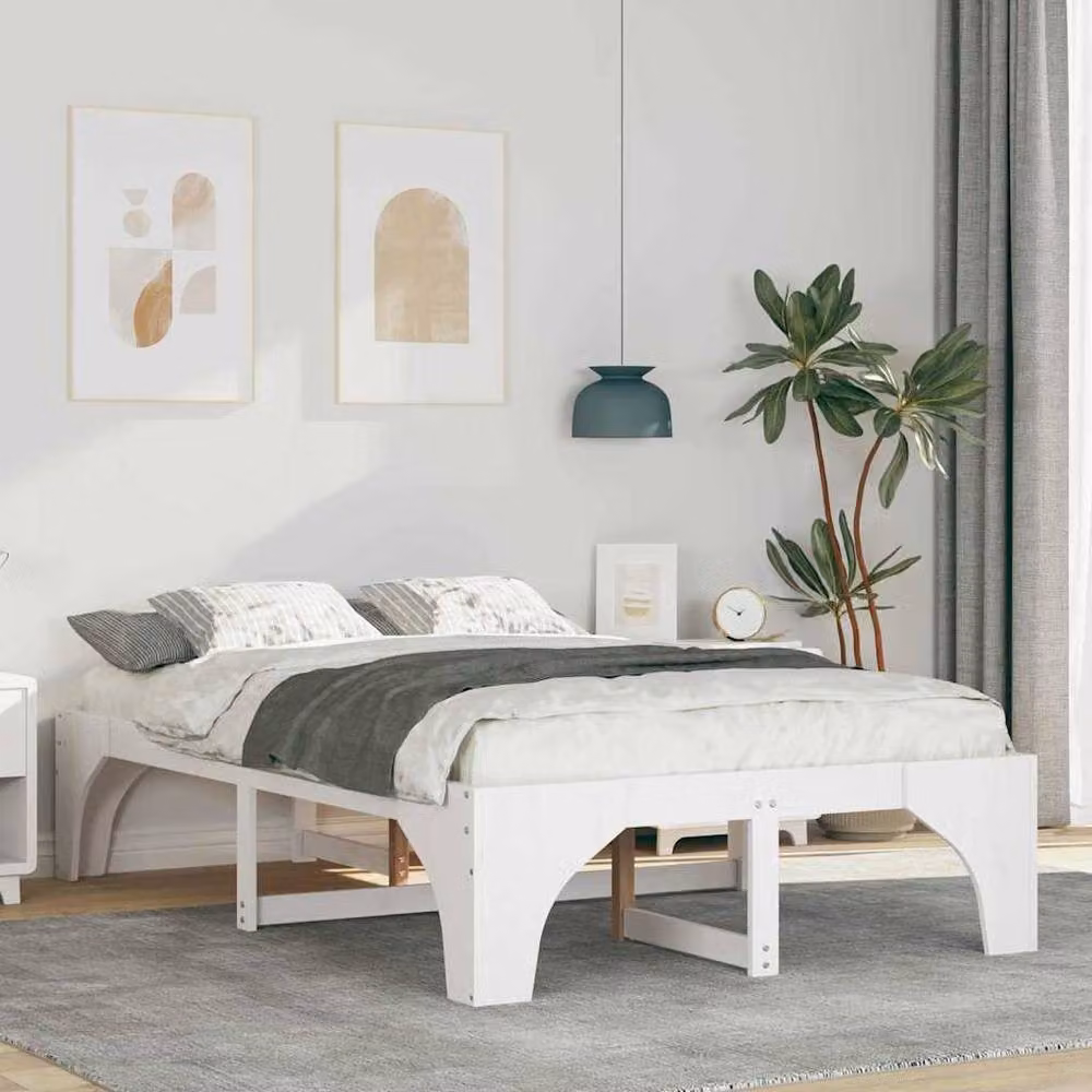 Berkfield Home White Solid Pine Wood Floor Bed Frame W/D/H: 140 x 190 cm – 2