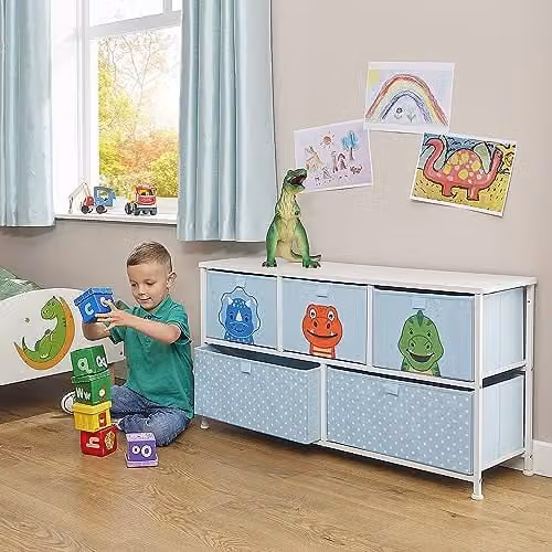 Liberty House Toys Kids Dinosaur 5 Drawer Storage Chest in Blue and White – 1