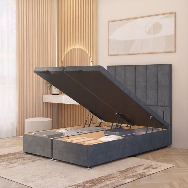 Somnior Beds Ltd Austin Plush Velvet Ottoman Divan Bed with Floor Standing Headboard, Silver/Grey, W/D: 120 x 200 cm