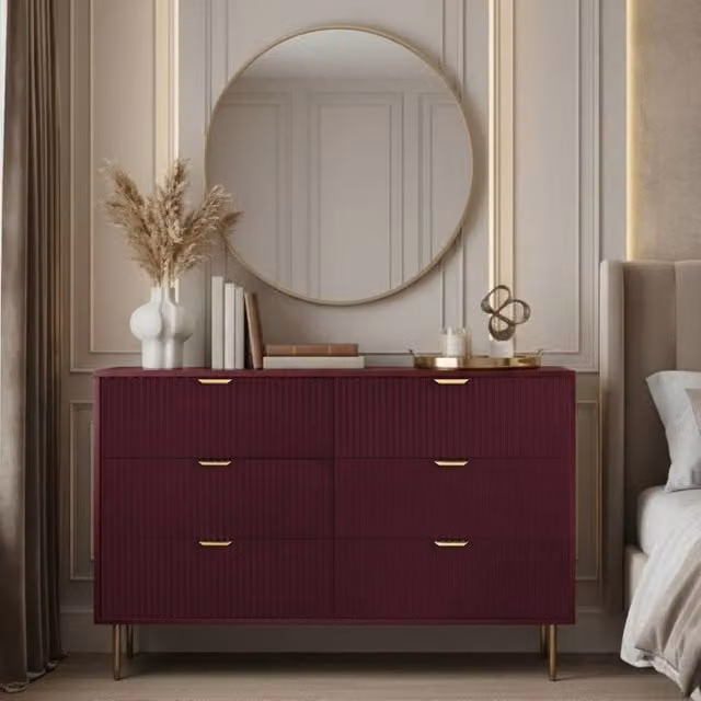 OHS Ribbed 6 Drawer Cabinet Chest of Drawers Sideboard in Dark Red – 1