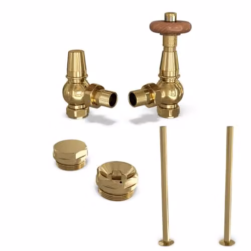 UK Radiators Derry Traditional Polished Brass Angled Thermostatic Radiator Valve and Lockshield Set with 1/2BSP 15mm Connection