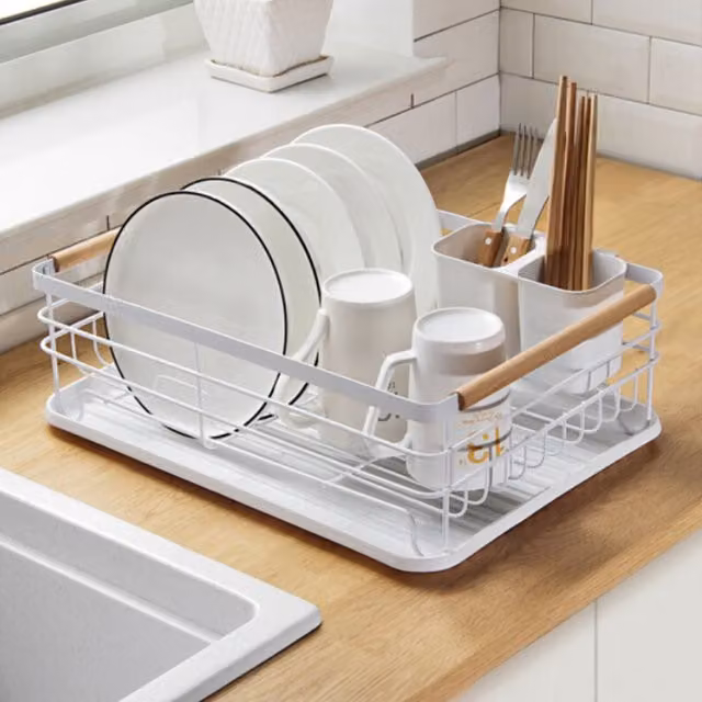Livingandhome White Coated Steel Rectangular Kitchen Dish Drain Rack with Drip Tray