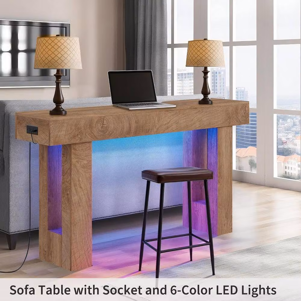 London Boutique Modern Console Table with 6-Colour LED Lights and Charging Station in Natural Sand and Brown – 4