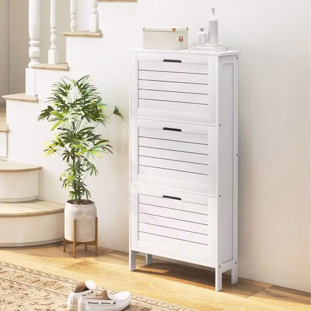 HOMCOM Modern Narrow Shoe Storage Cabinet with 3 Tilting Compartments, White