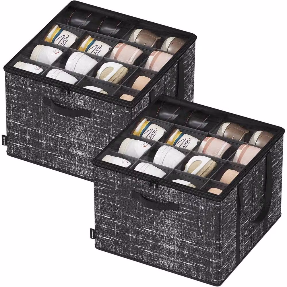 The Bazaarist Set of 2 Fabric Shoe Storage Bins with Transparent Lids, Black – 2