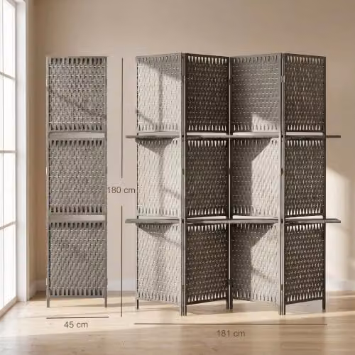 HOMCOM 4-Panel Folding Room Divider with Storage Shelves in Grey – 4