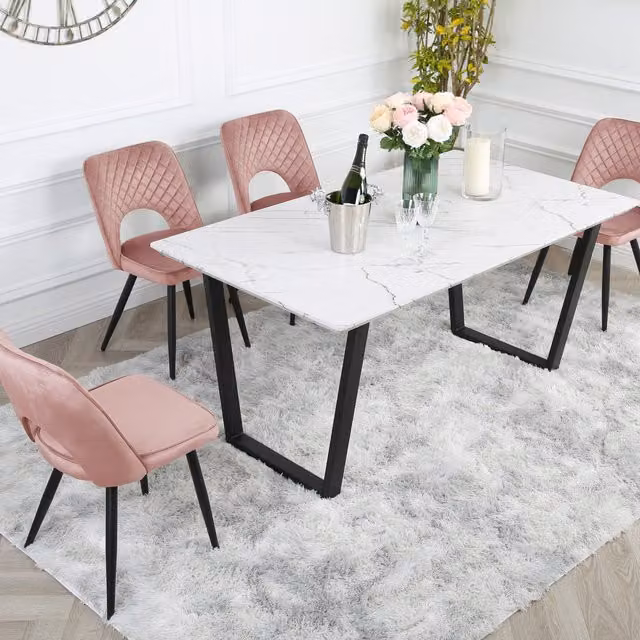 Home Garden Direct Modern Rectangular Marble Dining Table Set with 4 Pink Velvet Sled Base Chairs