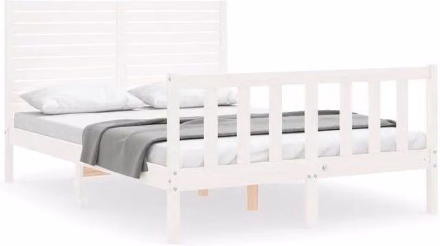 Berkfield Home Solid Wood Pine Bed Frame with Headboard in White, W/D/H: 140 x 190 cm – 1