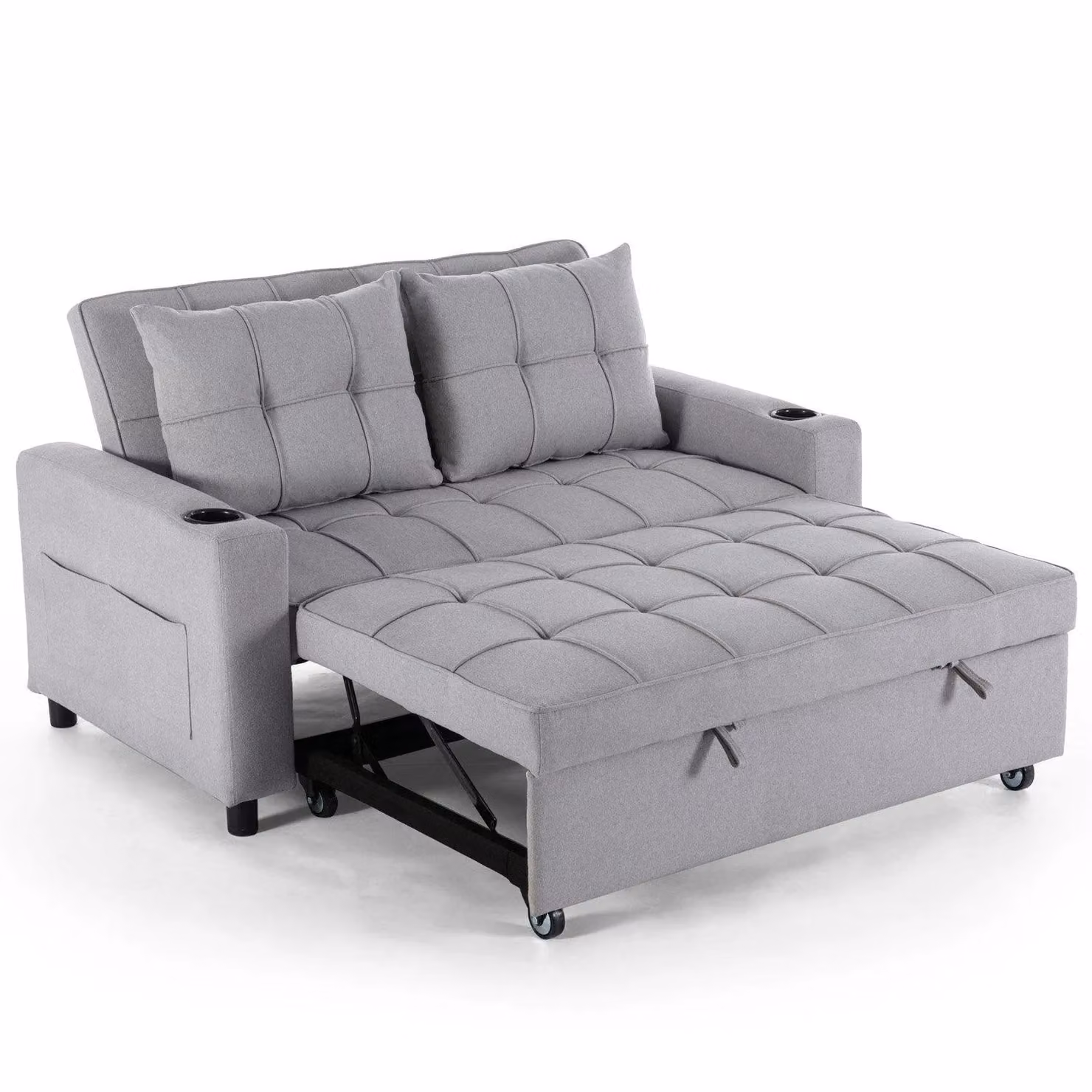 More4Homes Hudson 2-Seater Click Clack Sofa Bed in Light Grey Fabric with Cup Holders, W/D/H: 157 x 91 x 87 cm – 2