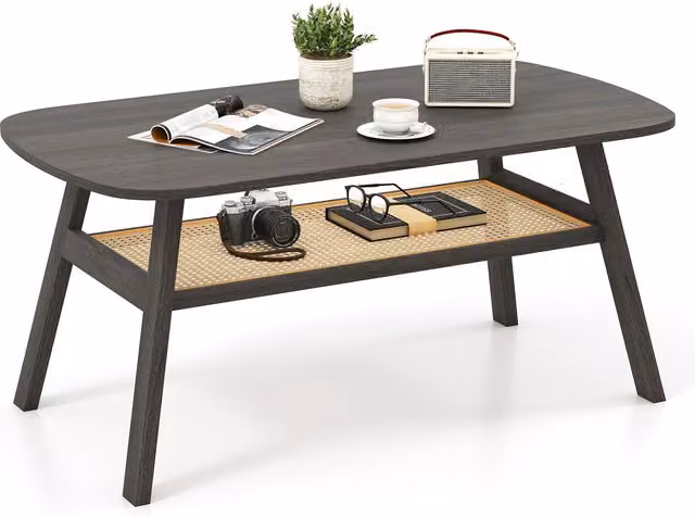 Gymax 2-Tier Rectangular Coffee Table with Storage Shelf in Black