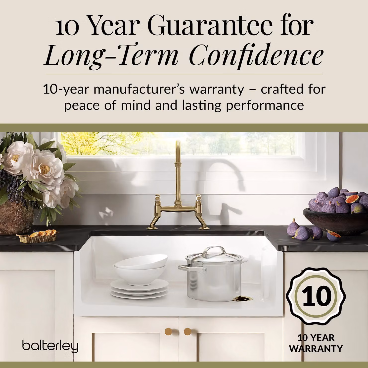 Balterley White Ceramic Single Bowl Belfast Kitchen Sink with Bridge Lever Mixer Tap and Waste in Brushed Brass, W: 79.5 cm – 3