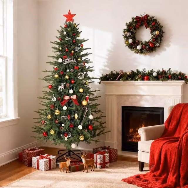 London Boutique 5ft Pre-Lit Artificial Christmas Tree with Warm White LED Lights in Green